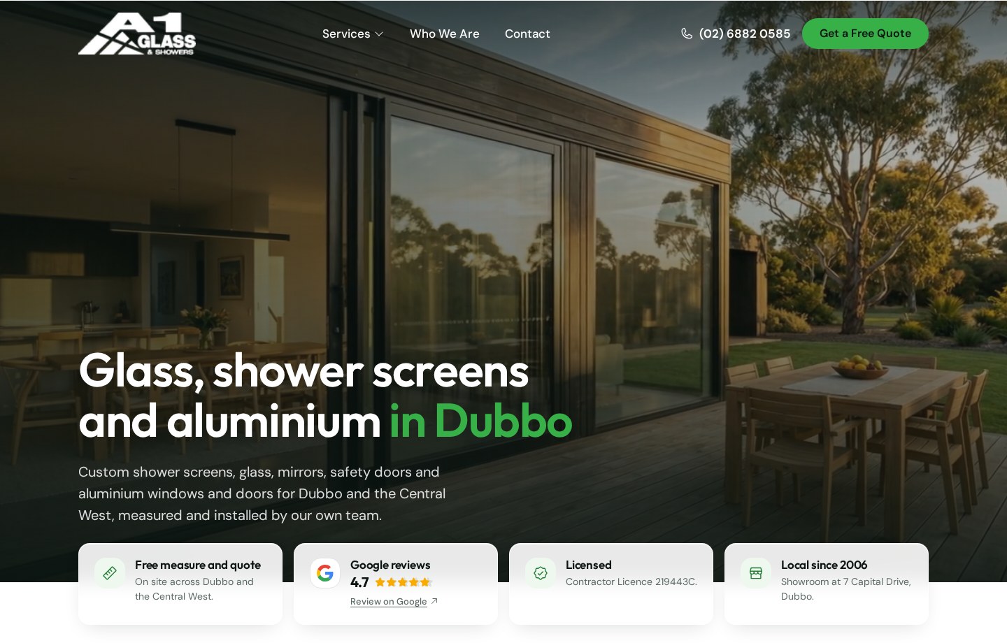 A1 Glass & Showers website homepage screenshot