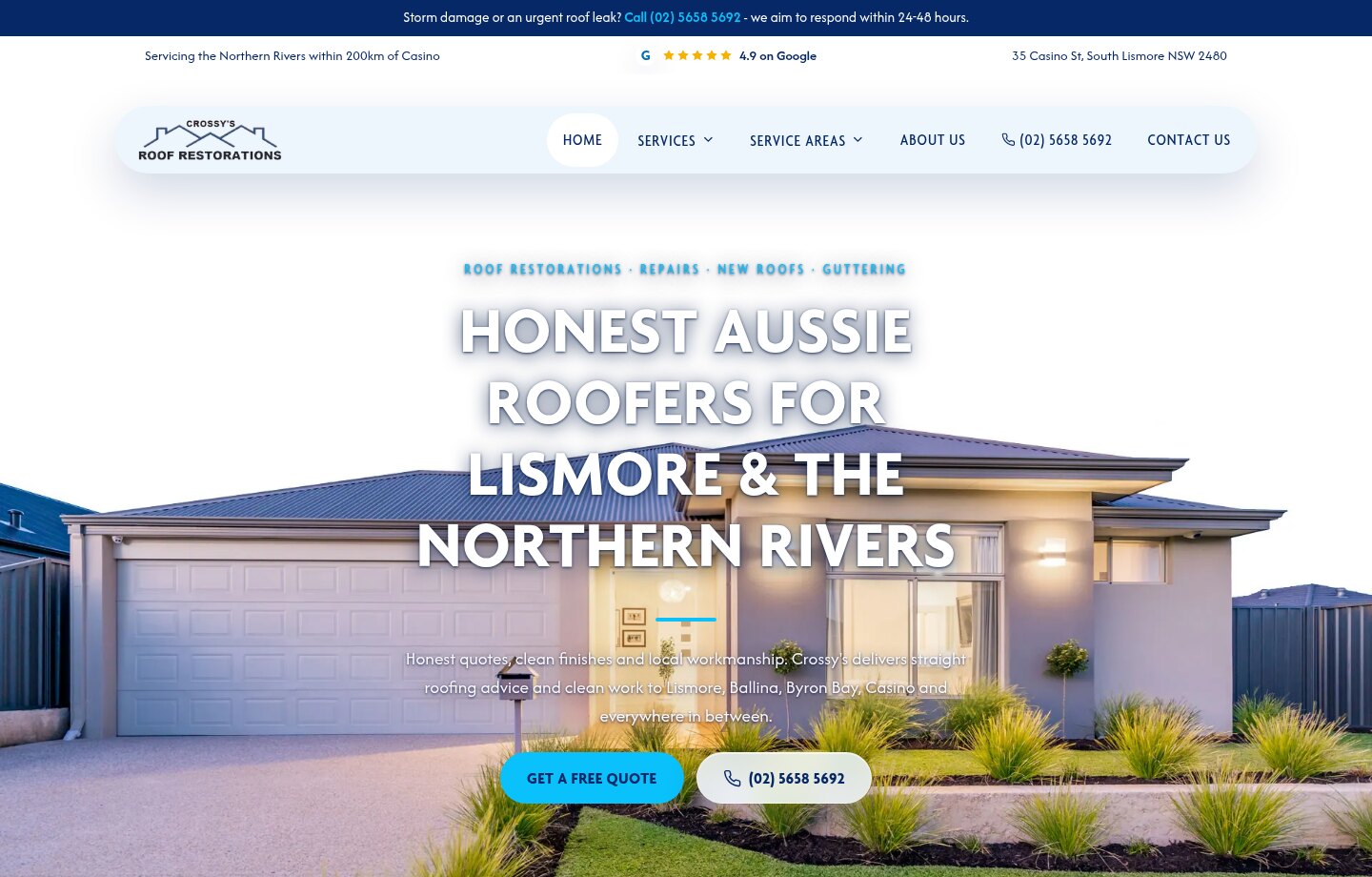 Crossy's Roof Restorations website homepage screenshot