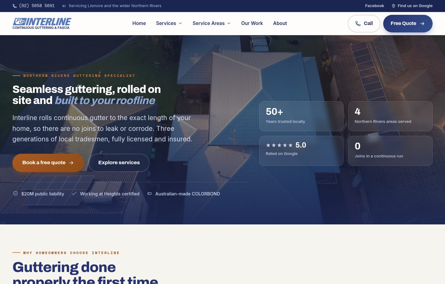 Interline Continuous Guttering and Fascia website homepage screenshot
