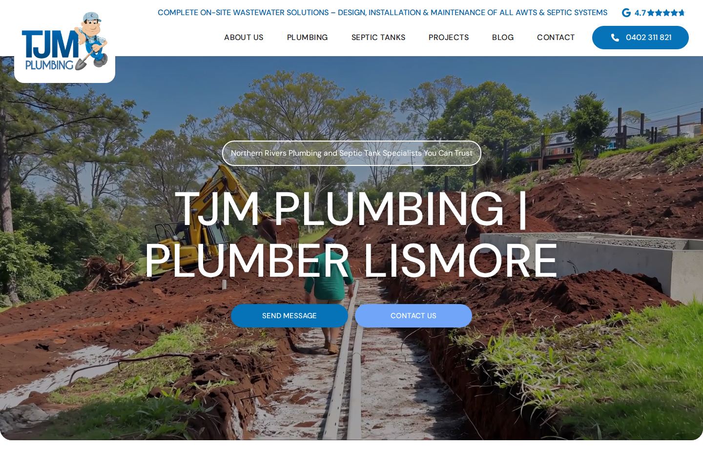 TJM Plumbing website homepage screenshot