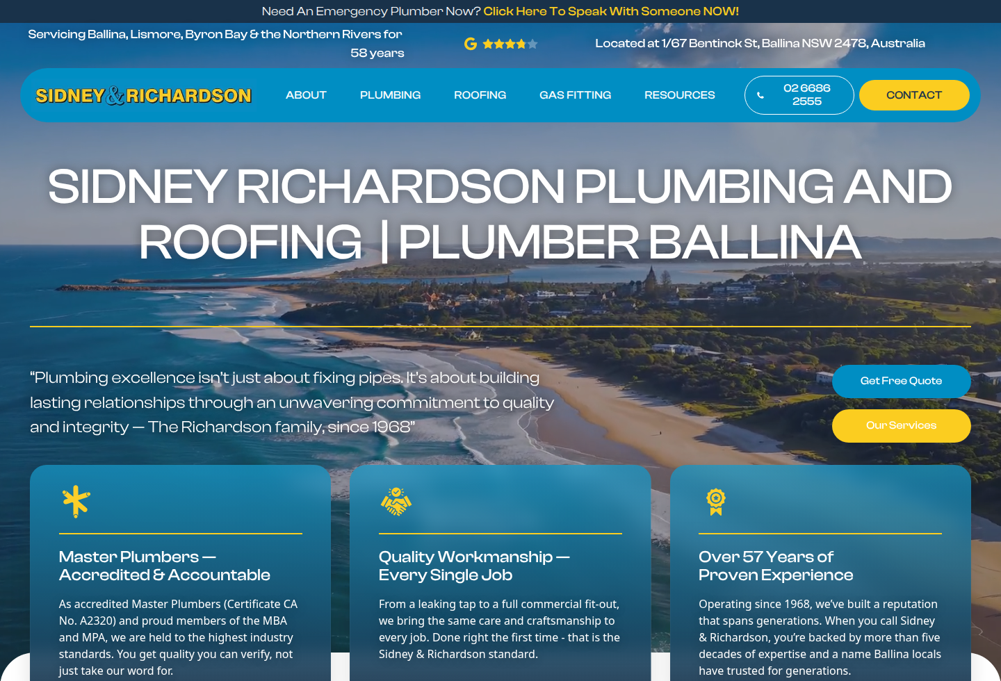 Sidney and Richardson Plumbing website homepage screenshot